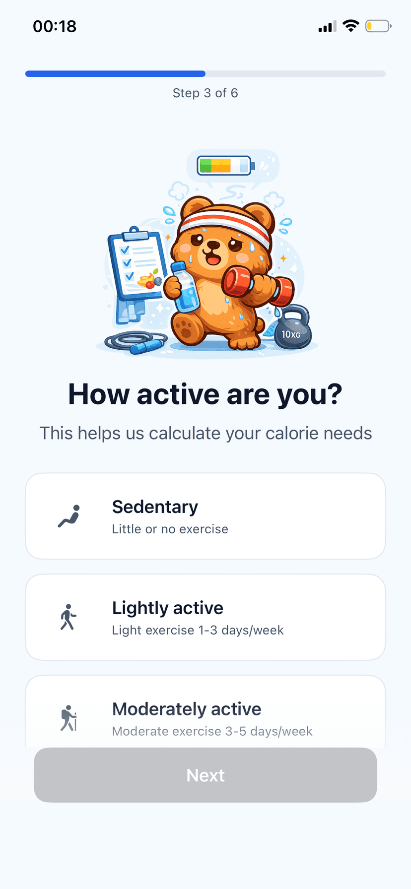 Activity level selection screen