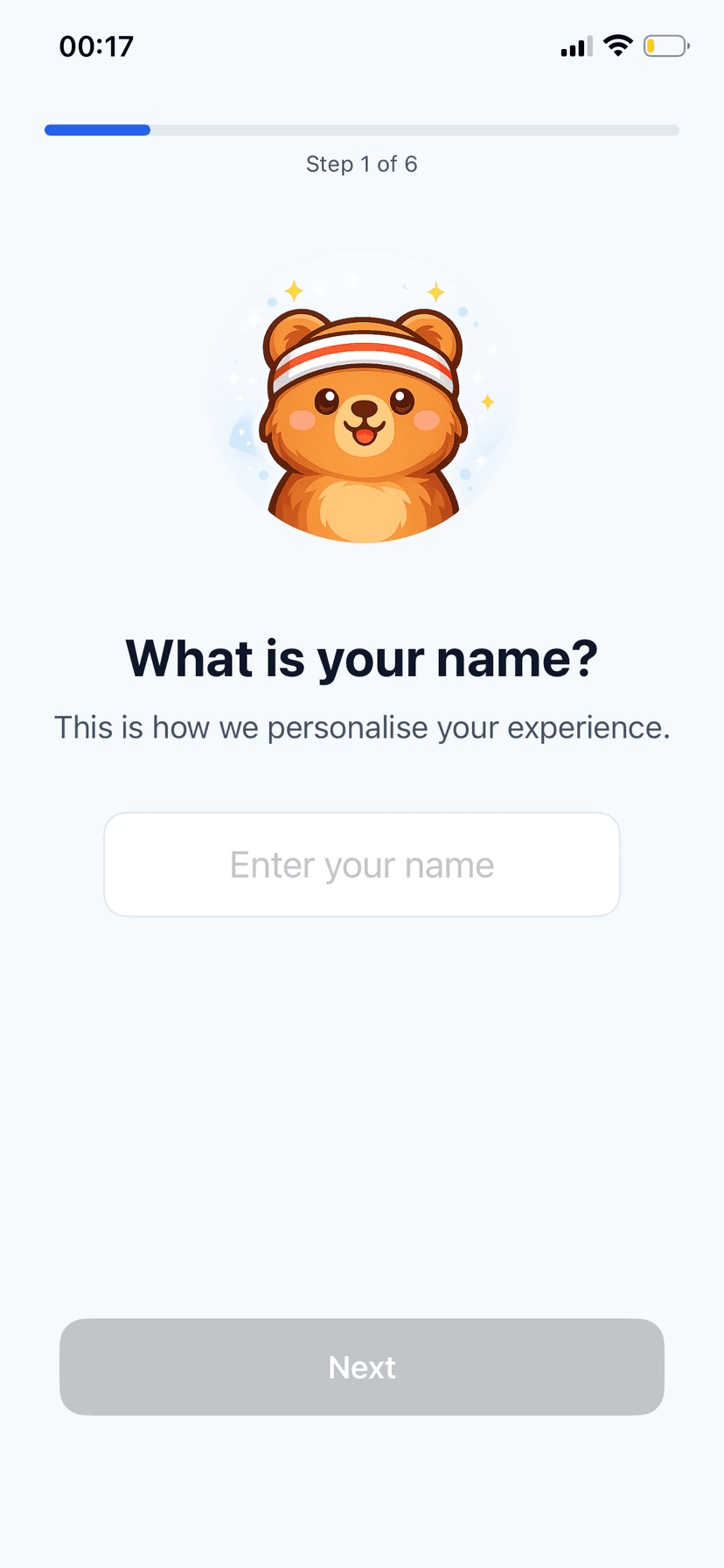 Enter your name screen